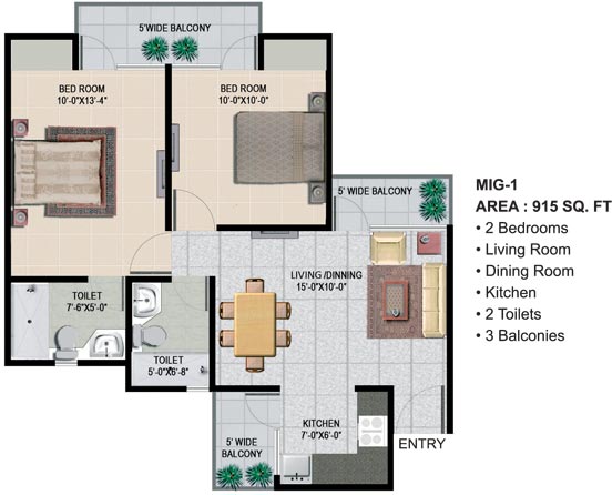 The floor plan size of Panchsheel Greens 2 2 BHK Flat is 915 sq ft.